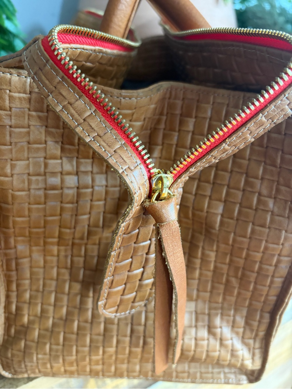 Clare V. Woven Leather Satchel Handbag in Cognac - Picture 11 of 13